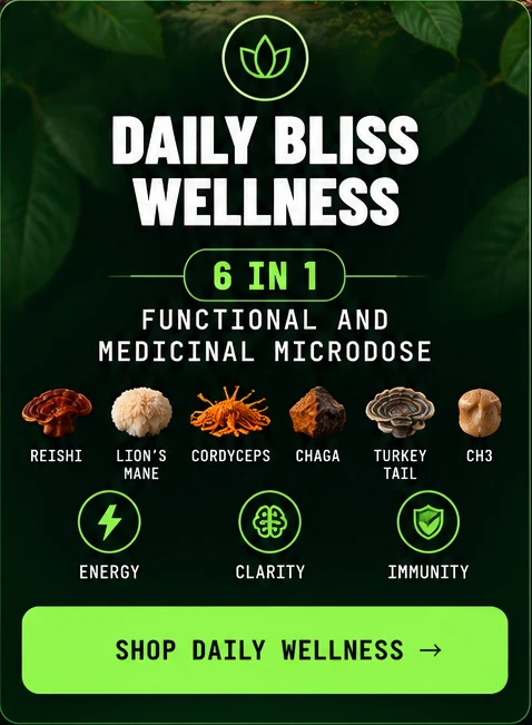 Daily Bliss Wellness: 6 in 1 functional and medicinal microdose for energy, clarity and immunity. Shop Daily Wellness