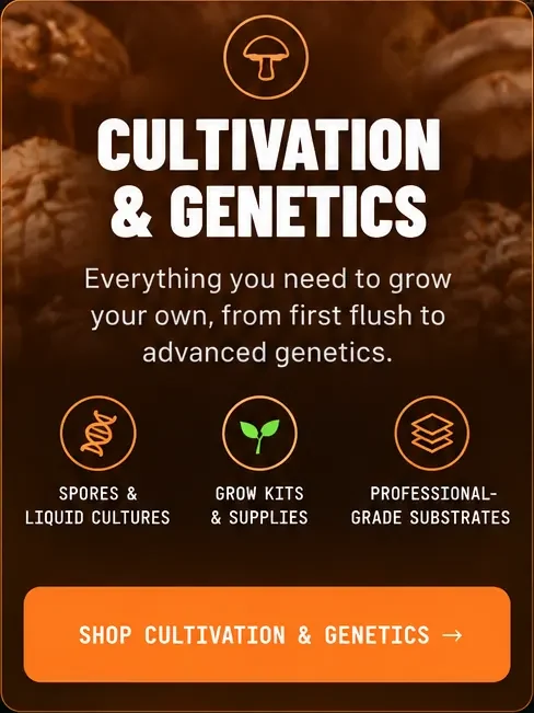Cultivation and Genetics: spores and liquid cultures, grow kits and supplies, professional-grade substrates. Shop Cultivation and Genetics